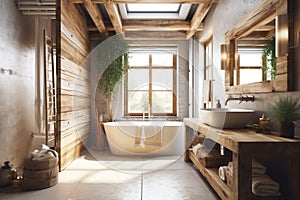 Design of a modern bathroom interior, shower cabin with toilet, sink in light colors.