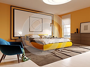 Design of a modern bedroom in yellow with a white headboard over the bed. Yellow bed