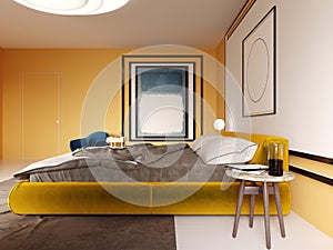 Design of a modern bedroom in yellow with a white headboard over the bed. Yellow bed