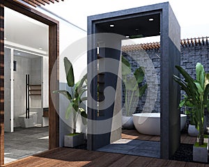 design of modern contemporary wood bathroom with concrete tile floor and rock stone wall decoration with mirror counter basin with
