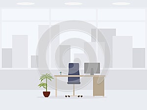 Design of modern empty office front view. Vector illustration of working place.