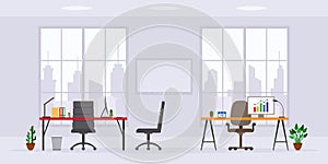 Design of modern empty office work place front view vector. Flat style table, desk, chair, computer, desktop, window on skyscraper