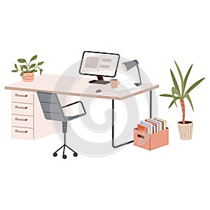 Design of modern empty office working place front view desk, chair, computer, plants in pot