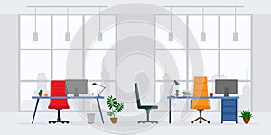 Design of modern empty office working place front view vector, desk, chair, computer on skyscraper