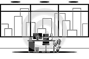 Design of modern empty office working place front view vector icon. Table, desk, chair, computer, desktop silhouette