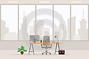 Design of modern empty office working place front view vector illustration. Light gray chair cityscape window