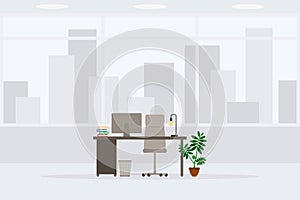 Design of modern empty office working place front view vector illustration. Table, desk, chair, computer, desktop isolated icon