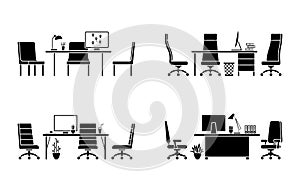 Design of modern empty office workplace vector icon set. Flat style table, desk, chair, computer, desktop, plant, lamp isolated