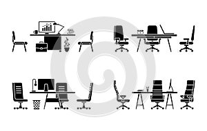 Design of modern empty office workspace vector set. Flat style table desk chair computer desktop pc laptop lamp isolated icon