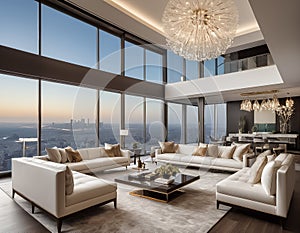 Design modern living room interior. modern living room features high ceilings, large windows, and stunning city views.