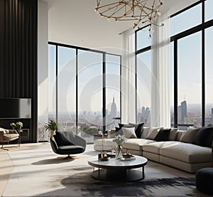 Design modern living room interior. modern living room features high ceilings, large windows, and stunning city views.