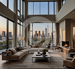 Design modern living room interior. modern living room features high ceilings, large windows, and stunning city views