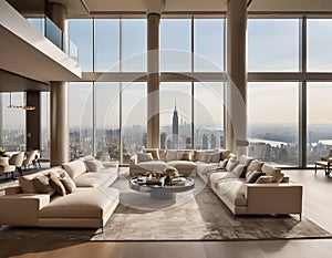 Design modern living room interior. modern living room features high ceilings, large windows, and stunning city views