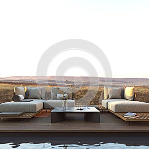 Design modern luxurious pool villa resort with landscape view, large modular sofa and green garden. 3d rendering. High