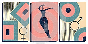 Design in a modern mid-century style. A set of posters with symbols and a female silhouette, with an antique texture