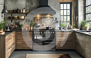 design a modern, spacious kitchen with a light grey and wooden colors scheme and sleek, minimalist features.