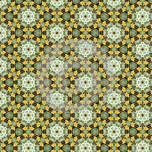 Design of Motive pattern with pumpkin yellow flowers, stars and abstract form inside kaleidoscope