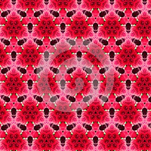 Design of Motive pattern with red roses, stars and abstract form inside kaleidoscope