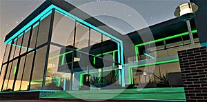 Design of the night illumination of the up-scale dwelling. Basicly green and turquoise colours. 3d rendering