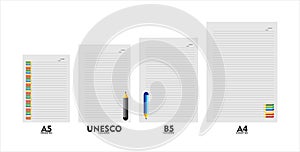 Design of note book refills in sizes A5, A4, B5 and unesco sizes