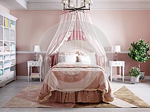Design of a nursery for a girl in pink colors in a classic style with a beautiful four-poster bed and a white rack with books and