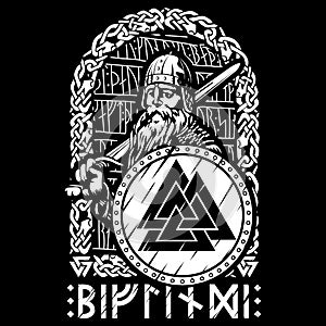 Design in Old Norse style. Ancient Norse God Wotan with sword and shield. Written in runes Biflindi, the name of the God