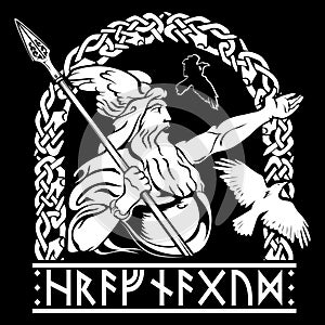 Design in Old Norse style. Ancient Norse God Wotan and Two Ravens. Written in runes is Hrafnagud, the name of the God