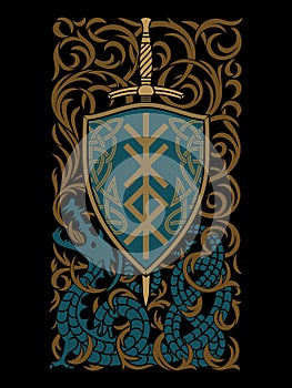 Design in Old Norse style. Dragon spitting fire. Knights shield and sword