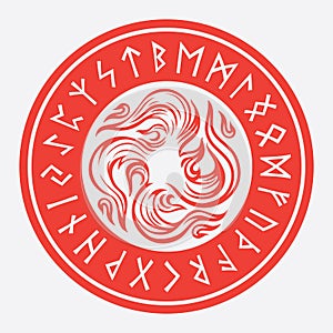 Design in Old Norse style. Fiery, solar cross and a circle of runic symbols