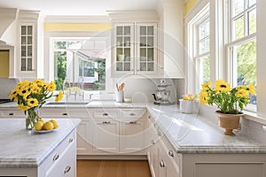 Design an open and airy kitchen with pale yellow walls and flowers