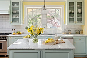 Design an open and airy kitchen with pale yellow walls