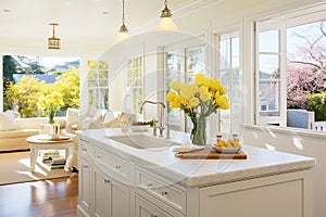 Design an open and airy kitchen with pale yellow walls and windows