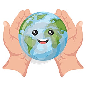 Design of open hands holding planet earth cartoon for earth day, national pollution prevention day, world environment day. Concept