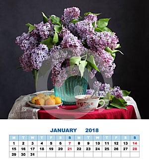 Design page calendar January 2018. bouquet of lilacs.