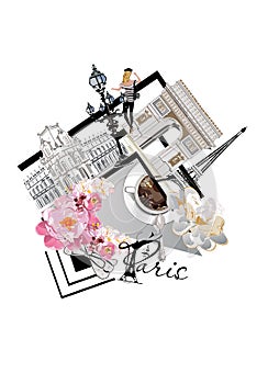 Design with Paris illustrations with the Eiffel tower, fashion girls, cafes and musicians.