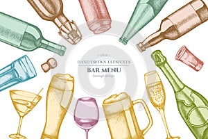 Design with pastel glass, champagne, mug of beer, alcohol shot, bottles of beer, bottle of wine, glass of champagne