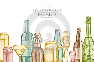 Design with pastel glass, champagne, mug of beer, alcohol shot, bottles of beer, bottle of wine, glass of champagne
