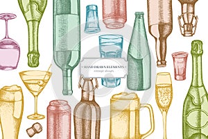 Design with pastel glass, champagne, mug of beer, alcohol shot, bottles of beer, bottle of wine, glass of champagne