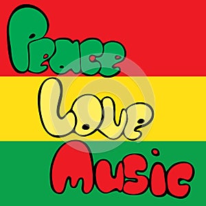 Design of Peace, Love and Music in bubble style in green, yellow and red colors. Vector illustration.