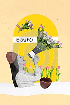 Design picture collage of young girl april spring season easter holiday announcement megaphone bunch tulips isolated on