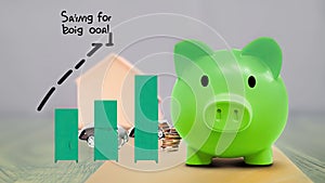 Design a picture with a green piggy bank, a growth graph, an image of a house or car, \