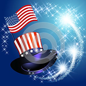 Design postcard for American celebration Independence day with cylinder hat and flag