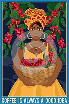 Design of a poster with african woman with a basket harvests arabica coffee beans photo