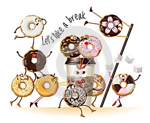 Design a poster with cartoon characters donuts photo