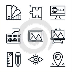 design printing line icons. linear set. quality vector line set such as pin, eye, ruler, art board, gallery, keyboard, monitor,