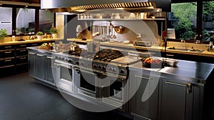 Design of a professional kitchen for a restaurant or cafe. Metal table. Kitchen equipment for catering.