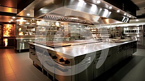 Design of a professional kitchen for a restaurant or cafe. Metal table. Kitchen equipment for catering.