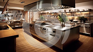 Design of a professional kitchen for a restaurant or cafe. Metal table. Kitchen equipment for catering.