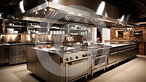 Design of a professional kitchen for a restaurant or cafe. Metal table. Kitchen equipment for catering.