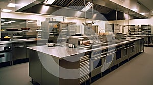 Design of a professional kitchen for a restaurant or cafe. Metal table. Kitchen equipment for catering.